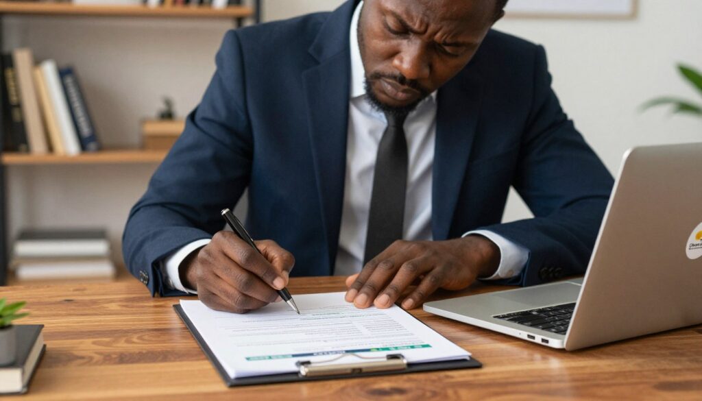 A close-up view of a Ghanaian professional, seated at a stylish wooden desk, meticulously reviewing a visa application form, emphasizing accuracy. The foreground features a well-organized desk with a printed visa application, a pen, and a laptop open displaying relevant documents. In the middle, the professional is dressed in a smart business suit, showing concentration and diligence with furrowed brows. The background includes a softly-lit bookshelf filled with travel guides and professional literature, conveying a sense of preparation and seriousness. The lighting is warm and inviting, creating a focused atmosphere. The image subtly includes a logo of "Ghana Edu Consult" on the laptop screen, enhancing the context.