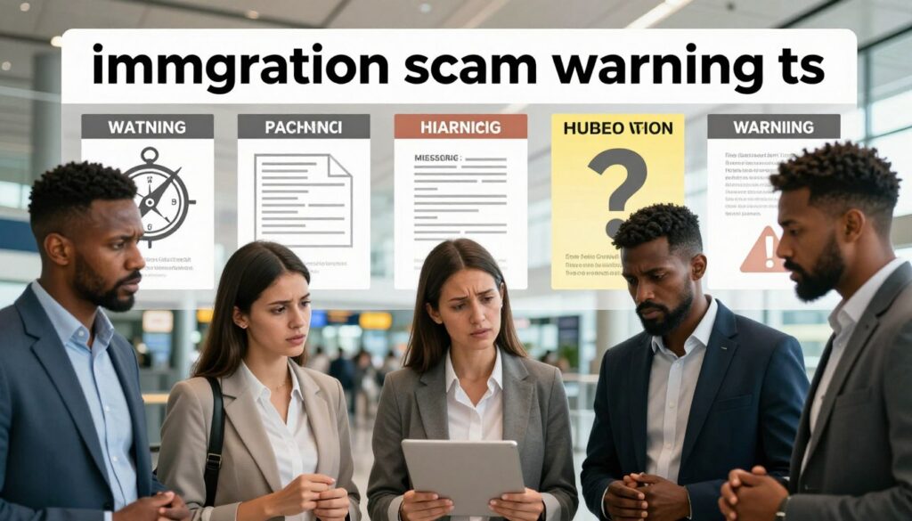 A detailed and informative composition depicting "immigration scam warning signs." In the foreground, a diverse group of professionals in business attire looks concerned while examining a series of warning signs illustrated with symbols like a broken compass, a question mark, and an exclamation mark. In the middle ground, a semi-transparent overlay of typical scams such as fake documents and misleading ads can be seen, highlighted for emphasis. The background features a blurred image of an airport terminal, suggesting travel and immigration. The lighting is bright but with a serious tone, capturing the urgency of the topic, shot from a slightly low angle to convey importance. The overall atmosphere feels tense yet informative, highlighting the seriousness of visa fraud. Include the brand name “Ghana Edu Consult” subtly integrated into the scene without any text overlays.