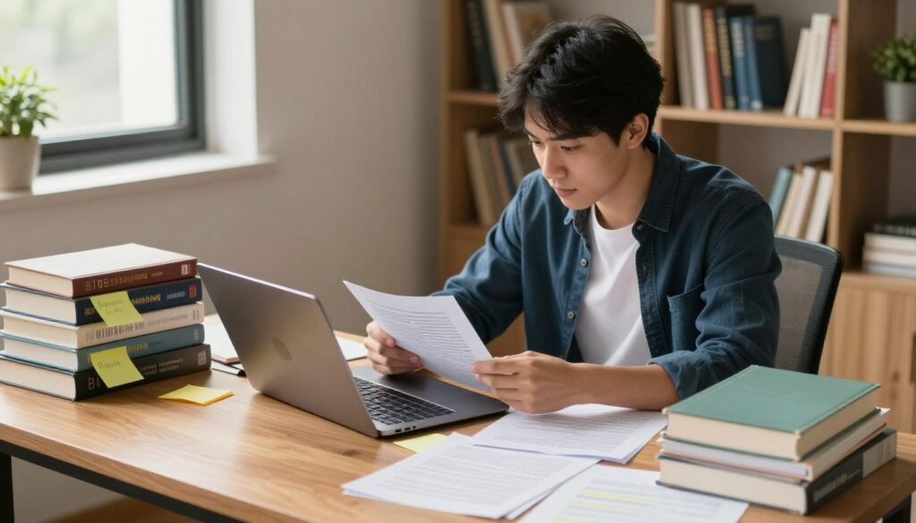 A focused scene of a student in a modern, well-lit study room, surrounded by stacks of academic books, printed thesis drafts, and colorful sticky notes. The student, dressed in a smart casual outfit, sits at a wooden desk, intently reviewing a chapter on a laptop, highlighted documents scattered around. Warm, natural light filters through a window, illuminating the workspace and creating a cozy atmosphere. In the background, a bookshelf filled with scholarly texts and a potted plant enhance the study environment. The composition captures the diligence and concentration of thesis chapter editing, highlighting the importance of reviewing and strengthening arguments in academic writing. The angle emphasizes the student's engagement with the work, while maintaining a sense of professionalism and focus.