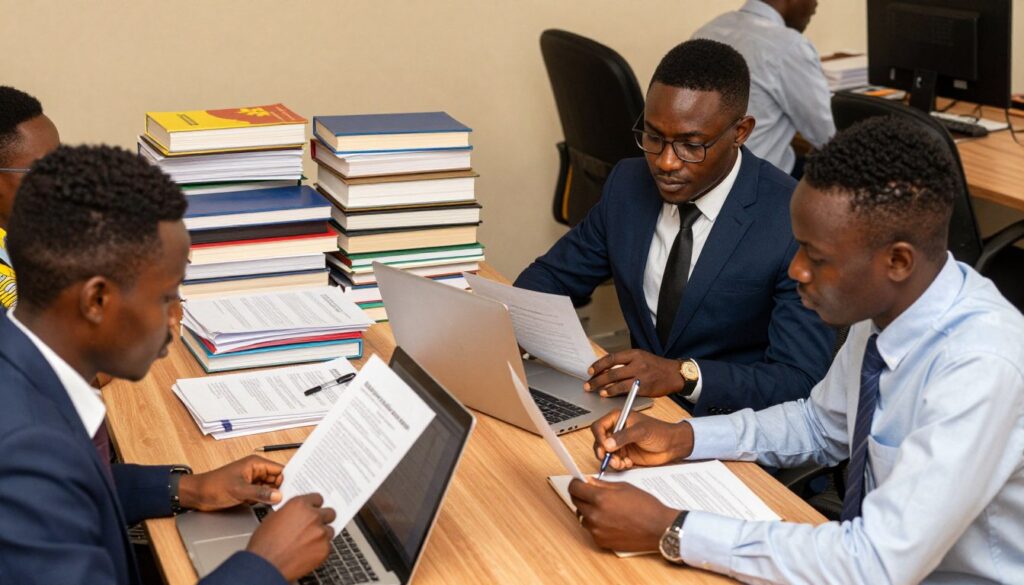 A professional, well-lit office environment in Ghana serves as the backdrop. In the foreground, a diverse group of three students of varying backgrounds is engaged in a collaborative discussion over thesis papers and laptops. They are dressed in professional business attire, showcasing concentration and teamwork. In the middle ground, there are organized stacks of academic books and papers, with the logo "Ghana Edu Consult" subtly visible on a folder. The lighting is warm, creating a welcoming atmosphere that highlights productivity and focus. The image is captured from a slightly elevated angle to provide a comprehensive view of the workspace, conveying the mood of support and guidance in academic endeavors. A professional, well-lit office environment in Ghana serves as the backdrop. In the foreground, a diverse group of three students of varying backgrounds is engaged in a collaborative discussion over thesis papers and laptops. They are dressed in professional business attire, showcasing concentration and teamwork. In the middle ground, there are organized stacks of academic books and papers, with the logo "Ghana Edu Consult" subtly visible on a folder. The lighting is warm, creating a welcoming atmosphere that highlights productivity and focus. The image is captured from a slightly elevated angle to provide a comprehensive view of the workspace, conveying the mood of support and guidance in academic endeavors.