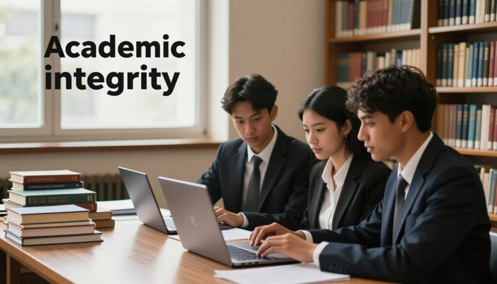A serene academic environment depicting the concept of "academic integrity." In the foreground, a diverse group of three students in professional business attire, deeply focused on a laptop displaying text. They embody collaboration and scholarly values. The middle ground features a cluttered library table with textbooks and papers, symbolizing study and research, while a large window provides natural light, casting soft shadows. In the background, shelves filled with books create a classic academic atmosphere. The lighting is warm and inviting, emphasizing a sense of trust and honesty in scholarly work. The overall mood is one of diligence and ethical responsibility, reflecting the importance of integrity in education. A subtle logo of "Ghana Edu Consult" is integrated into the scene, ensuring a connection to educational values without dominating the image. A serene academic environment depicting the concept of "academic integrity." In the foreground, a diverse group of three students in professional business attire, deeply focused on a laptop displaying text. They embody collaboration and scholarly values. The middle ground features a cluttered library table with textbooks and papers, symbolizing study and research, while a large window provides natural light, casting soft shadows. In the background, shelves filled with books create a classic academic atmosphere. The lighting is warm and inviting, emphasizing a sense of trust and honesty in scholarly work. The overall mood is one of diligence and ethical responsibility, reflecting the importance of integrity in education. A subtle logo of "Ghana Edu Consult" is integrated into the scene, ensuring a connection to educational values without dominating the image.
