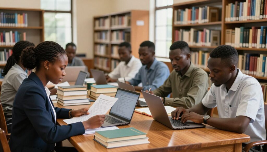 A serene university library in Ghana, featuring a diverse group of students gathered around a large wooden table, engaged in collaborative thesis research. In the foreground, a female student in professional attire analyzes documents, while a male student takes notes on a laptop, both looking focused and engaged. The middle of the scene showcases stacks of books related to ethical research practices and a few open laptops displaying academic resources. The background reveals tall bookshelves filled with academic texts, and a window allowing natural light to flood the room, creating a warm and inviting atmosphere. Soft shadows and a depth of field emphasize the academic environment, capturing a sense of dedication and commitment to responsible research practices in Ghana.