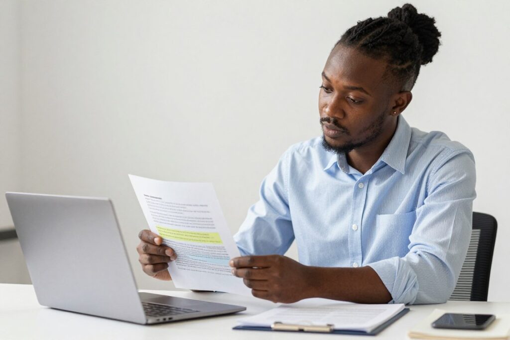 Academic editor checking a thesis document for clarity and structure
