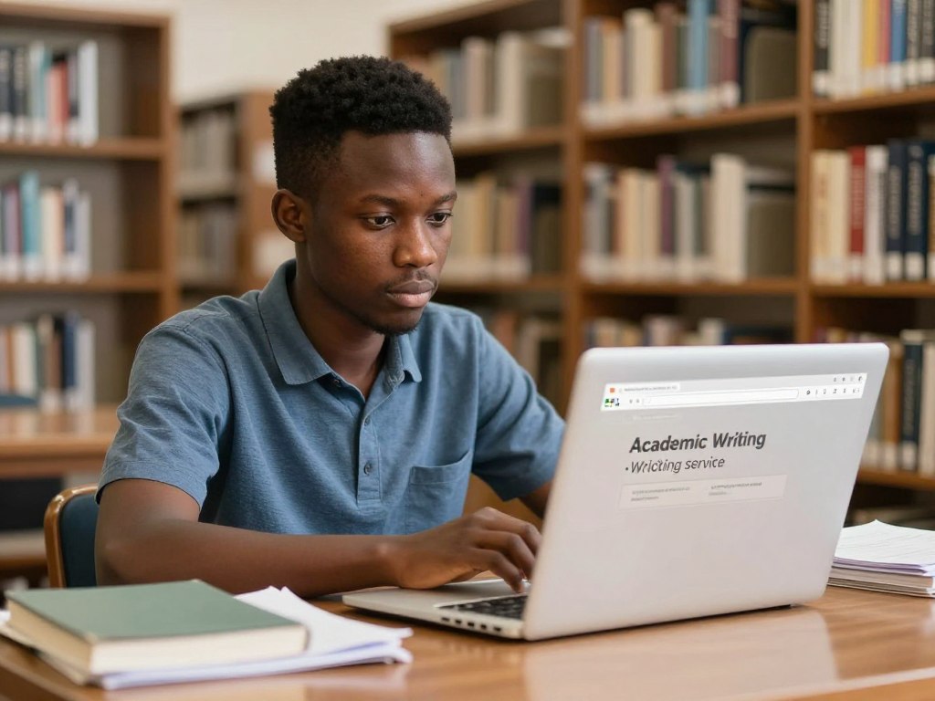 Ghanaian student reviewing an academic writing service page