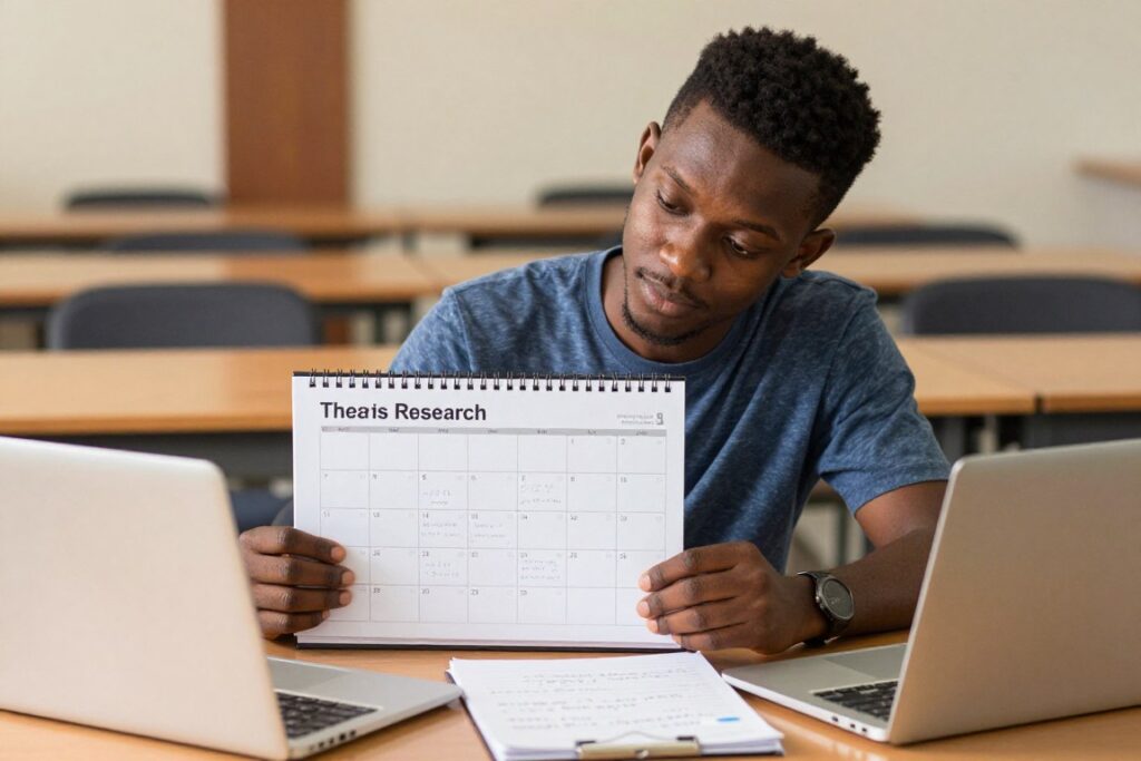 Postgraduate student planning a thesis research timeline in Ghana