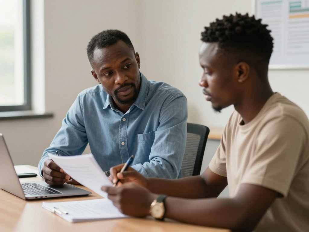 Research consultant discussing a thesis with a student in Greater Accra